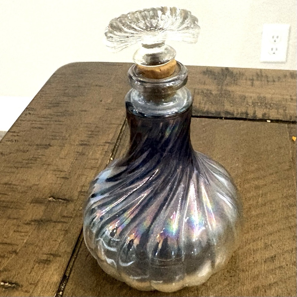 vintage Purple Iridescent hand blown glass perfume bottle with stopper